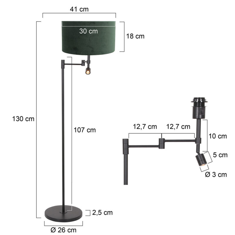 Zwarte vloerlamp Stang 7181ZW met leeslamp en groen velours kap - Afbeelding 6