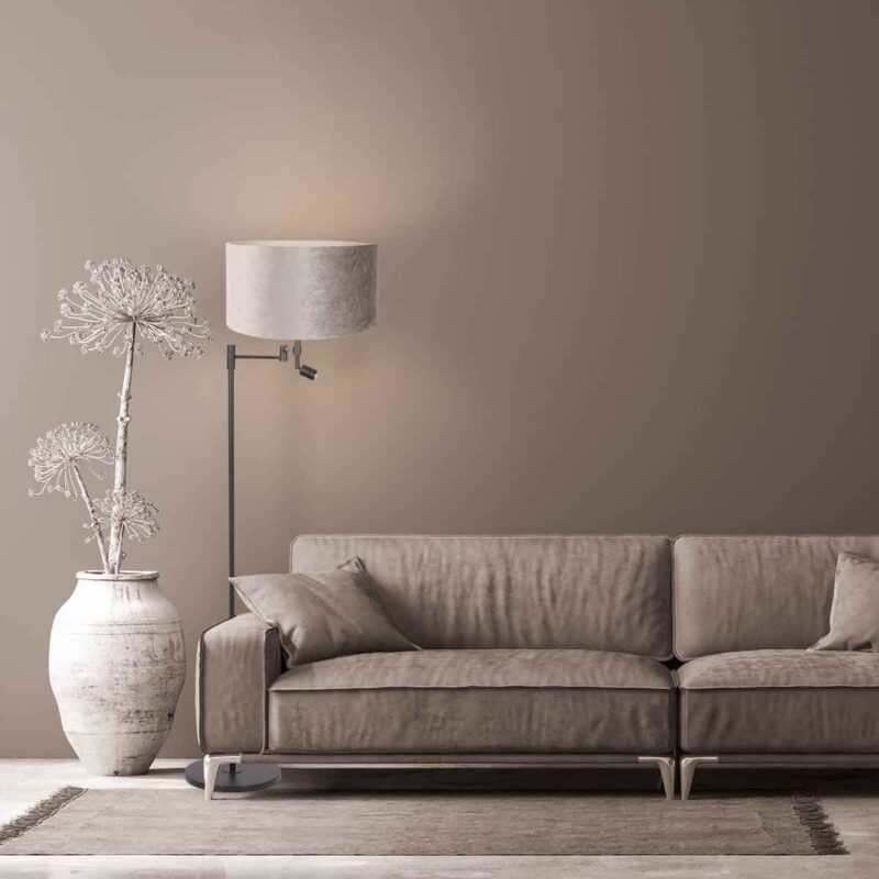 Zwarte vloerlamp Stang 7190ZW met leeslamp en grijs velours kap - Afbeelding 3