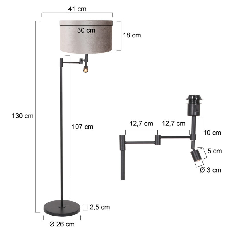 Zwarte vloerlamp Stang 7190ZW met leeslamp en grijs velours kap - Afbeelding 7