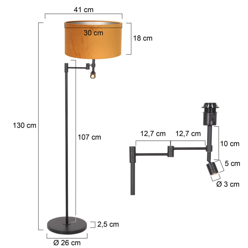 Zwarte vloerlamp Stang 7191ZW met leeslamp en goud velours kap - Afbeelding 8