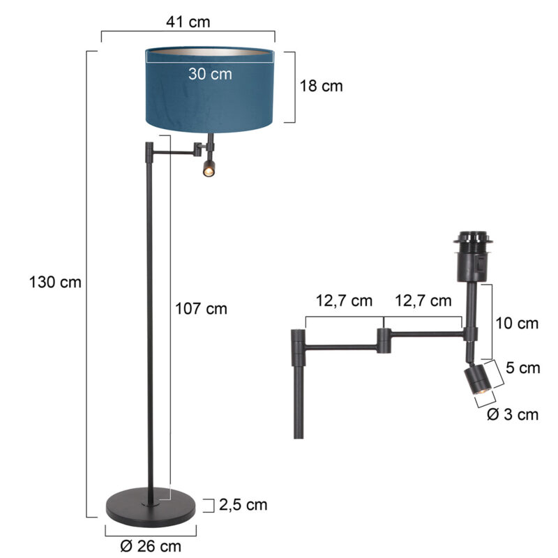 Zwarte vloerlamp Stang 7192ZW met leeslamp en blauw velours kap - Afbeelding 6