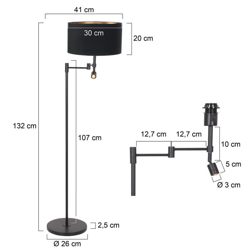 Zwarte vloerlamp Stang 7201ZW met leeslamp en zwart linnen kap - Afbeelding 6