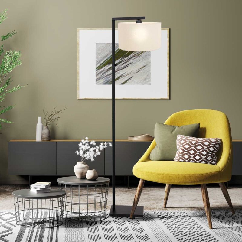 Zwarte vloerlamp Stang 8216ZW met schakelaar en wit linnen kap - Afbeelding 3