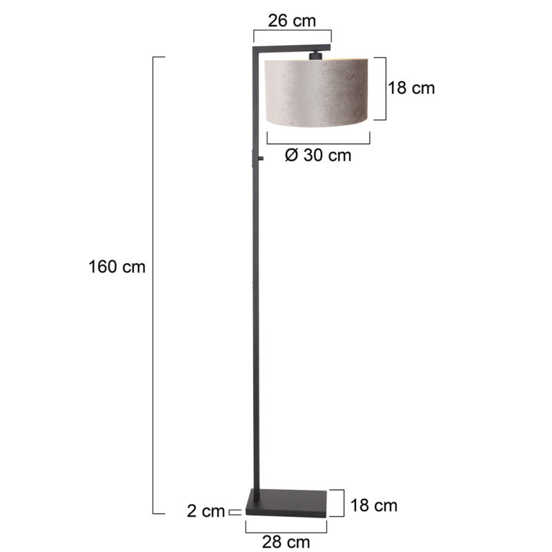 Zwarte vloerlamp Stang 8220ZW met schakelaar en grijs velours kap - Afbeelding 6