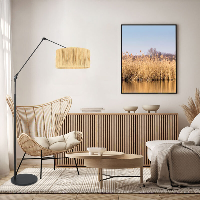 Zwarte vloerlamp / booglamp Prestige Chic 3793ZW met naturel gras kap - Afbeelding 3