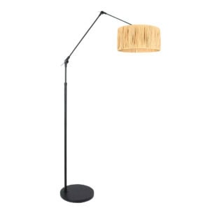 Zwarte vloerlamp / booglamp Prestige Chic 3793ZW met naturel gras kap