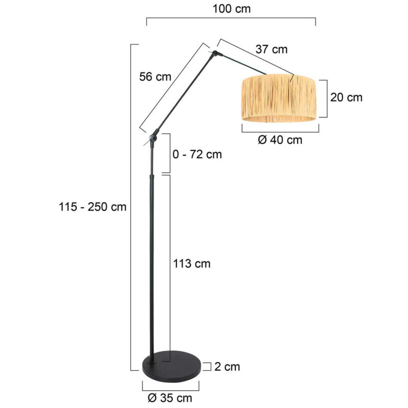 Zwarte vloerlamp / booglamp Prestige Chic 3793ZW met naturel gras kap - Afbeelding 6