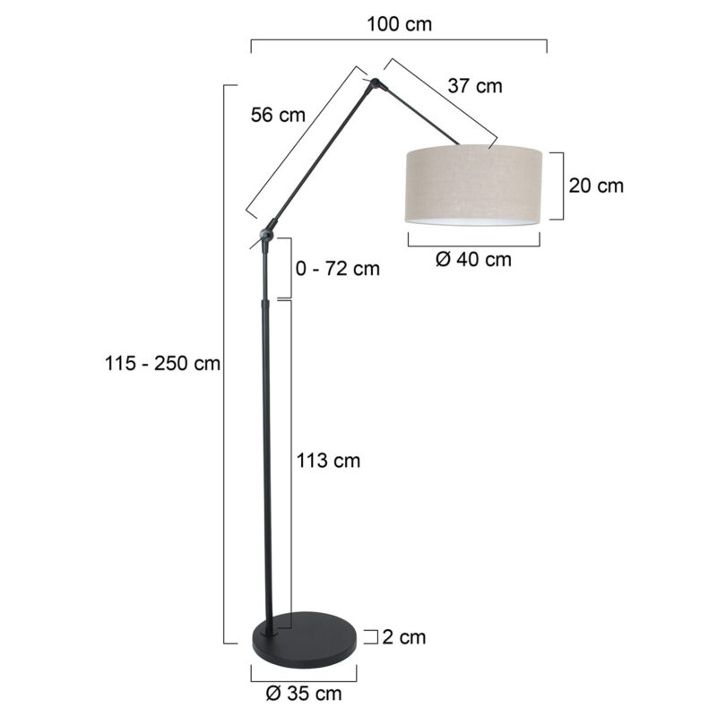 Zwarte vloerlamp / booglamp Prestige Chic 8113ZW met grijs linnen kap - Afbeelding 6
