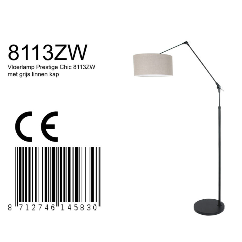 Zwarte vloerlamp / booglamp Prestige Chic 8113ZW met grijs linnen kap - Afbeelding 7