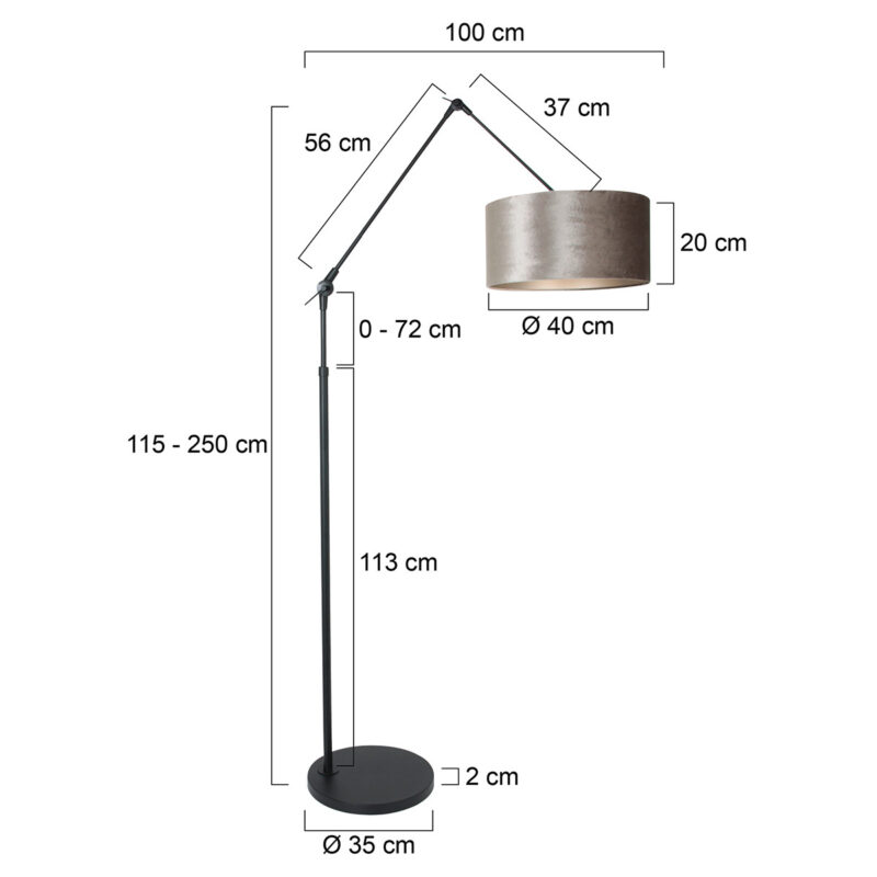 Zwarte vloerlamp / booglamp Prestige Chic 8116ZW met grijs velours kap - Afbeelding 6