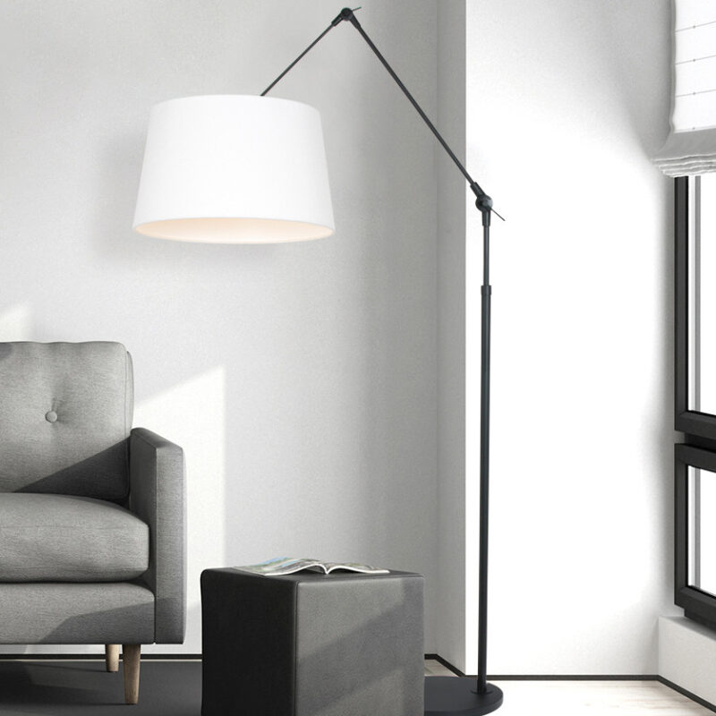 Zwarte vloerlamp / booglamp Prestige Chic 8184ZW met wit grof linnen kap - Afbeelding 3
