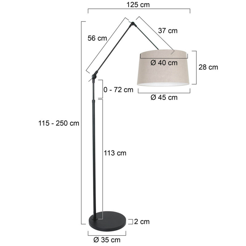 Zwarte vloerlamp / booglamp Prestige Chic 8185ZW met grijs grof linnen kap - Afbeelding 6
