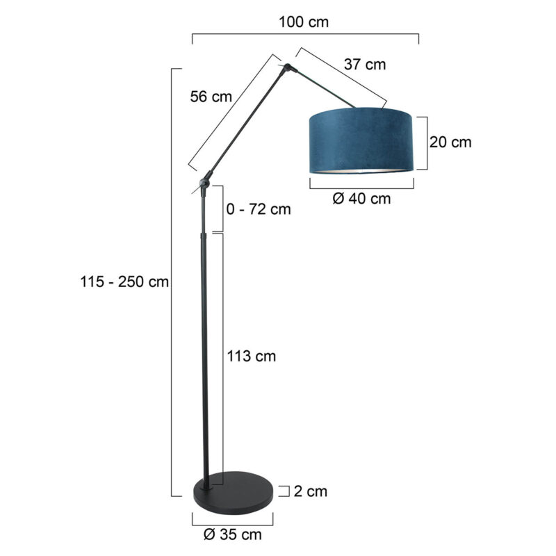 Zwarte vloerlamp / booglamp Prestige Chic 8239ZW met blauw velours kap - Afbeelding 6