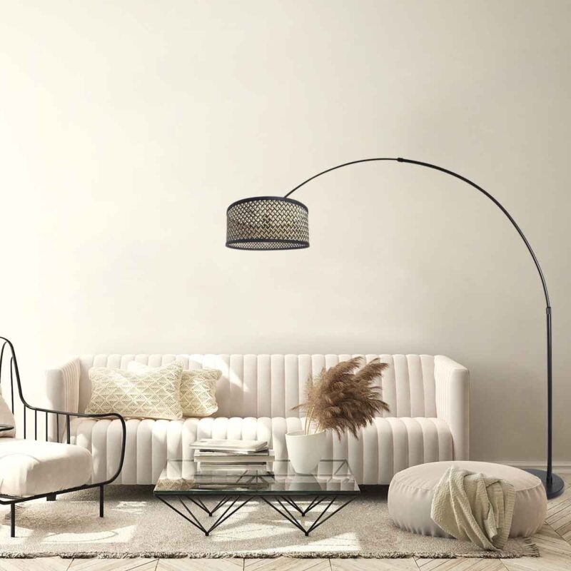 Zwarte vloerlamp / booglamp Sparkled Light 3788ZW met zwart blank bamboe kap - Afbeelding 3