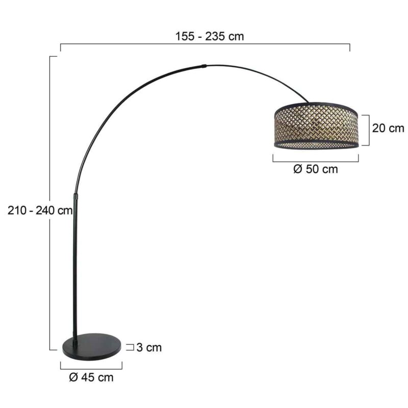 Zwarte vloerlamp / booglamp Sparkled Light 3788ZW met zwart blank bamboe kap - Afbeelding 7