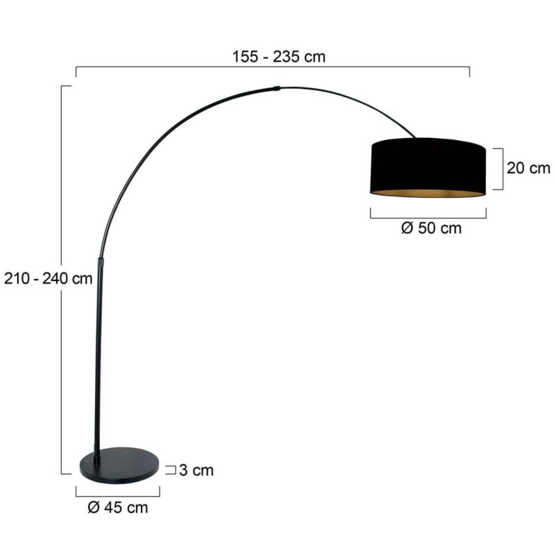 Zwarte vloerlamp / booglamp Sparkled Light 3965ZW inclusief zwarte kap met goudkleurige binnenkant. - Afbeelding 6