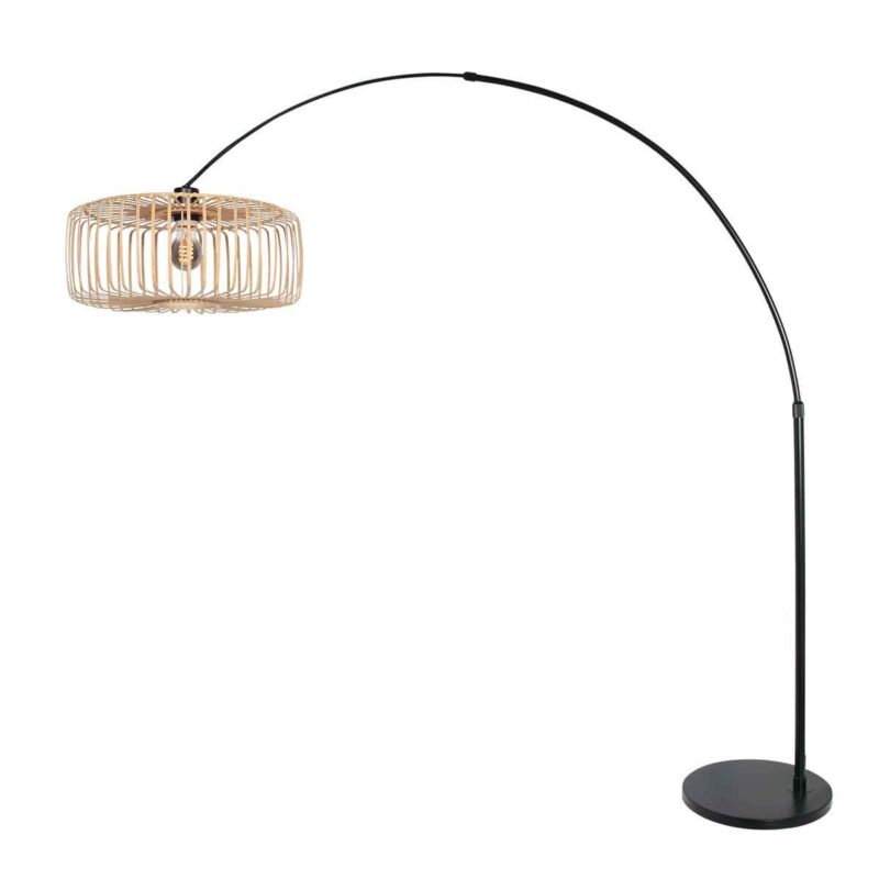Zwarte vloerlamp / booglamp Sparkled Light 4149ZW met naturel bamboe kap - Afbeelding 2