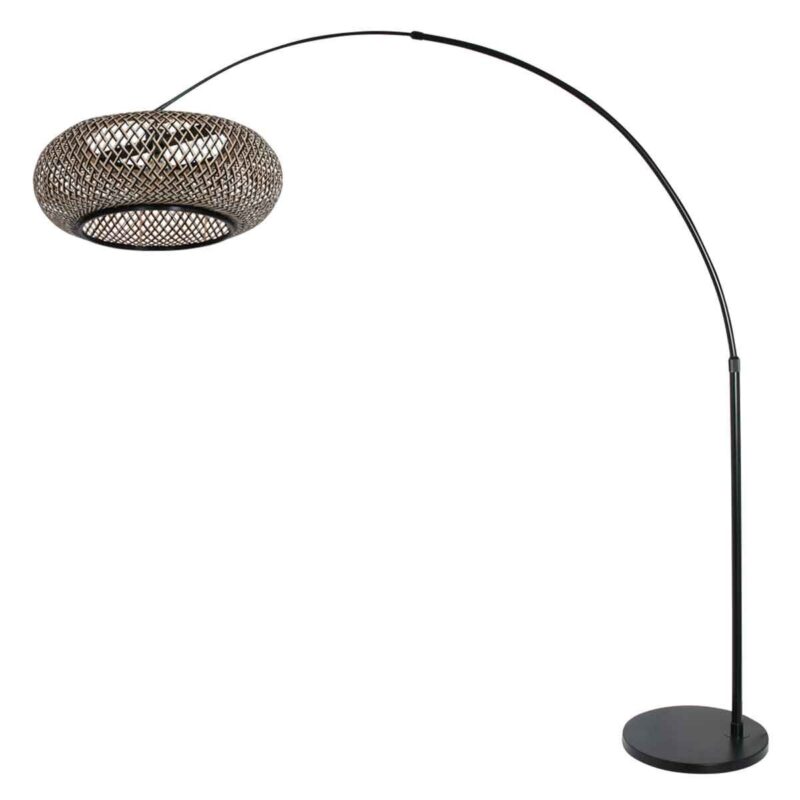 Zwarte vloerlamp / booglamp Sparkled Light 7508ZW met zwart - blank bamboe kap - Afbeelding 2