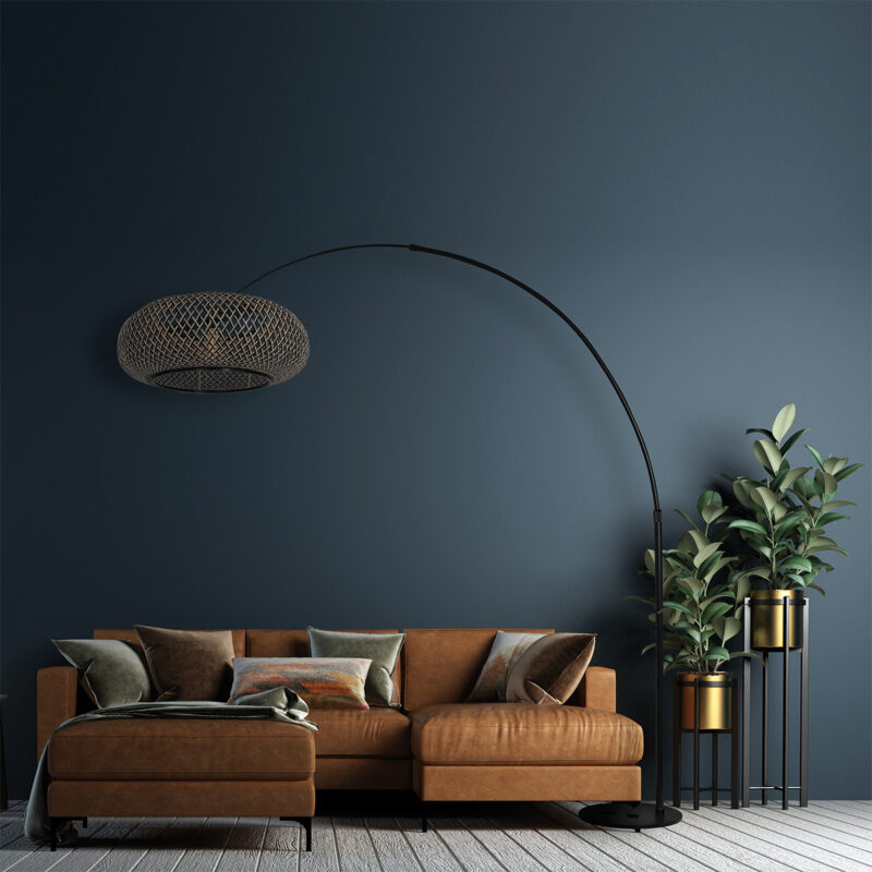 Zwarte vloerlamp / booglamp Sparkled Light 7508ZW met zwart - blank bamboe kap - Afbeelding 3