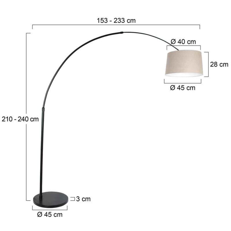 Zwarte vloerlamp / booglamp Sparkled Light 9830ZW met grijs linnen taps toelopende kap - Afbeelding 7