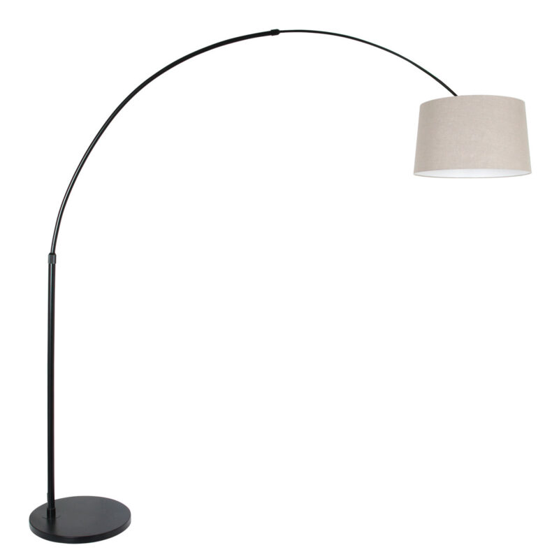 Zwarte vloerlamp / booglamp Sparkled Light 9830ZW met grijs linnen taps toelopende kap