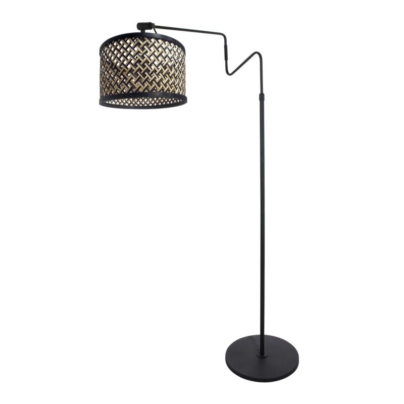 Zwarte vloerlamp 'kleine booglamp' Linstrom 3729ZW met blank/zwart bamboe kap - Afbeelding 2