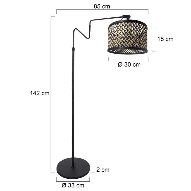 Zwarte vloerlamp 'kleine booglamp' Linstrom 3729ZW met blank/zwart bamboe kap - Afbeelding 6