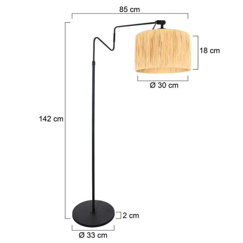 Zwarte vloerlamp 'kleine booglamp' Linstrom 3730ZW met beige/gele gras kap - Afbeelding 6