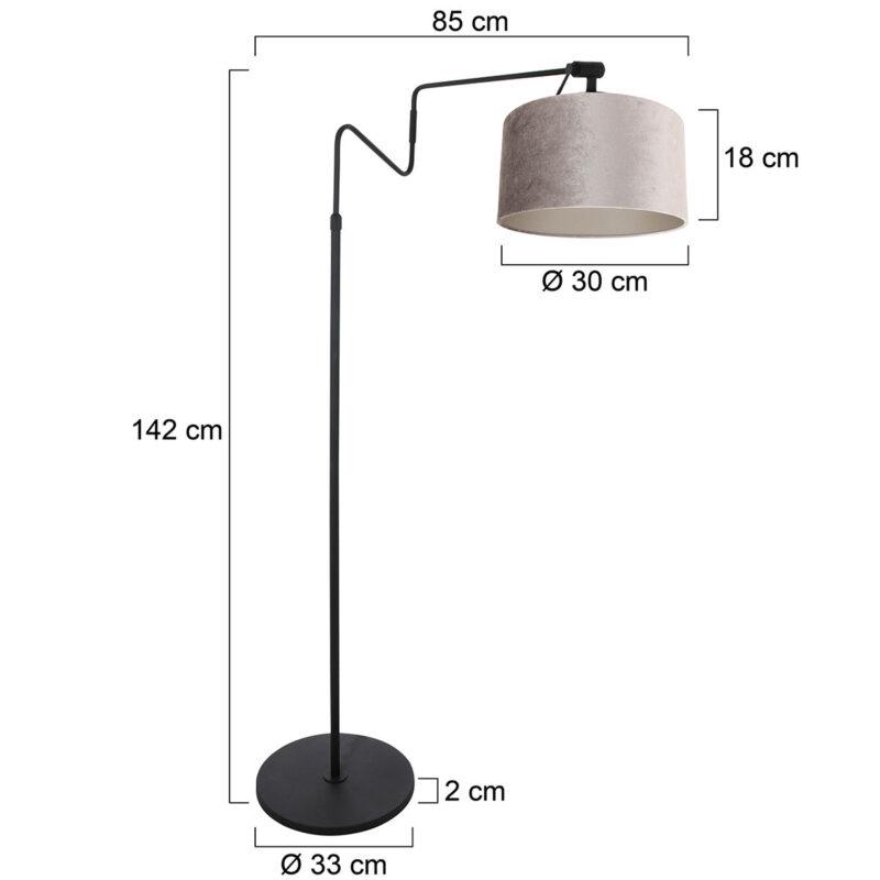 Zwarte vloerlamp 'kleine booglamp' Linstrom 3731ZW met grijs taupe velours kap - Afbeelding 6