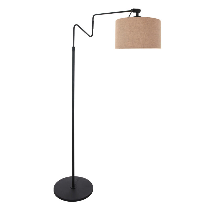 Zwarte vloerlamp 'kleine booglamp' Linstrom 3734ZW met grof grijs linnen kap - Afbeelding 2