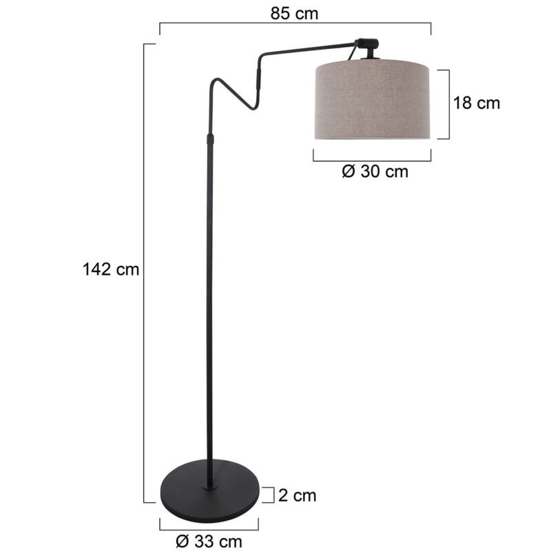 Zwarte vloerlamp 'kleine booglamp' Linstrom 3734ZW met grof grijs linnen kap - Afbeelding 6