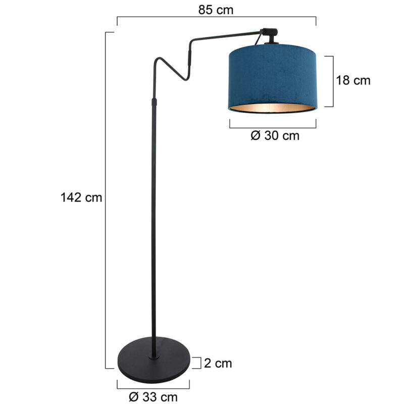 Zwarte vloerlamp 'kleine booglamp' Linstrom 3736ZW met blauw velours kap - Afbeelding 6