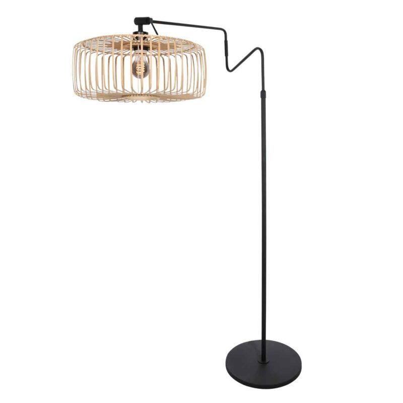 Zwarte vloerlamp 'kleine booglamp' Linstrom 4155ZW met blank bamboe kap - Afbeelding 2
