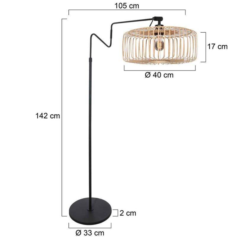 Zwarte vloerlamp 'kleine booglamp' Linstrom 4155ZW met blank bamboe kap - Afbeelding 6