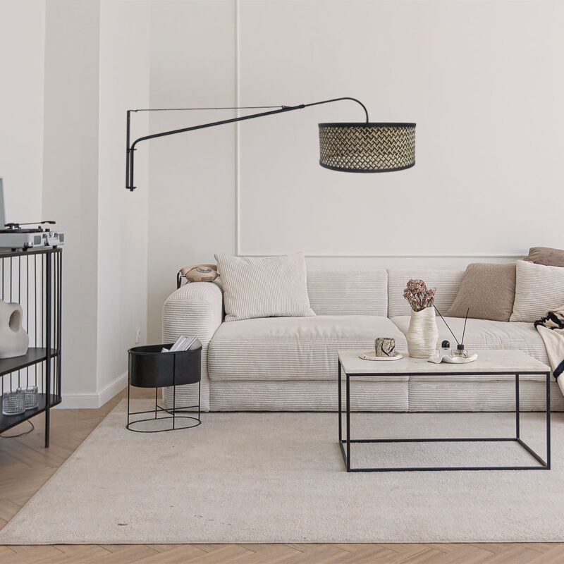 Zwarte wandlamp Elegant Classy 3699ZW met zwart naturel bamboe kap - Afbeelding 3