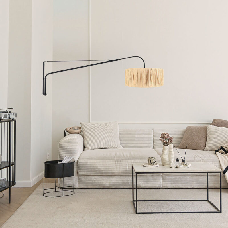 Zwarte wandlamp Elegant Classy 3700ZW met naturel gras kap - Afbeelding 3