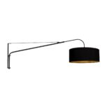 Zwarte wandlamp Elegant Classy 3958ZW met zwart linnen kap Eleganteder zwarte muurlamp met verstelbare arm en goud binnenkant, perfect voor modern en industrieel interieur.