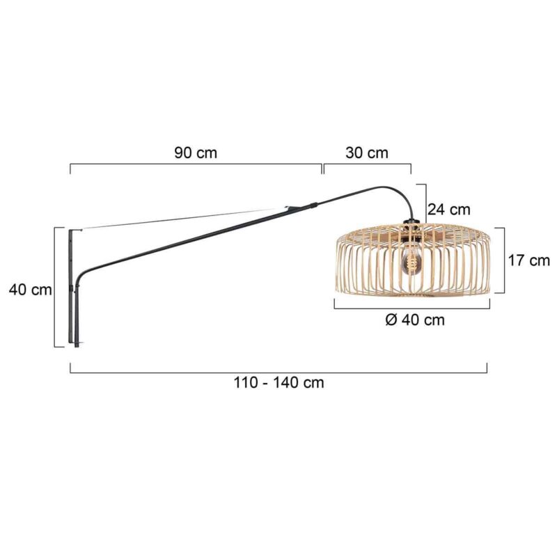 Zwarte wandlamp Elegant Classy 4153ZW met naturel bamboe kap - Afbeelding 5