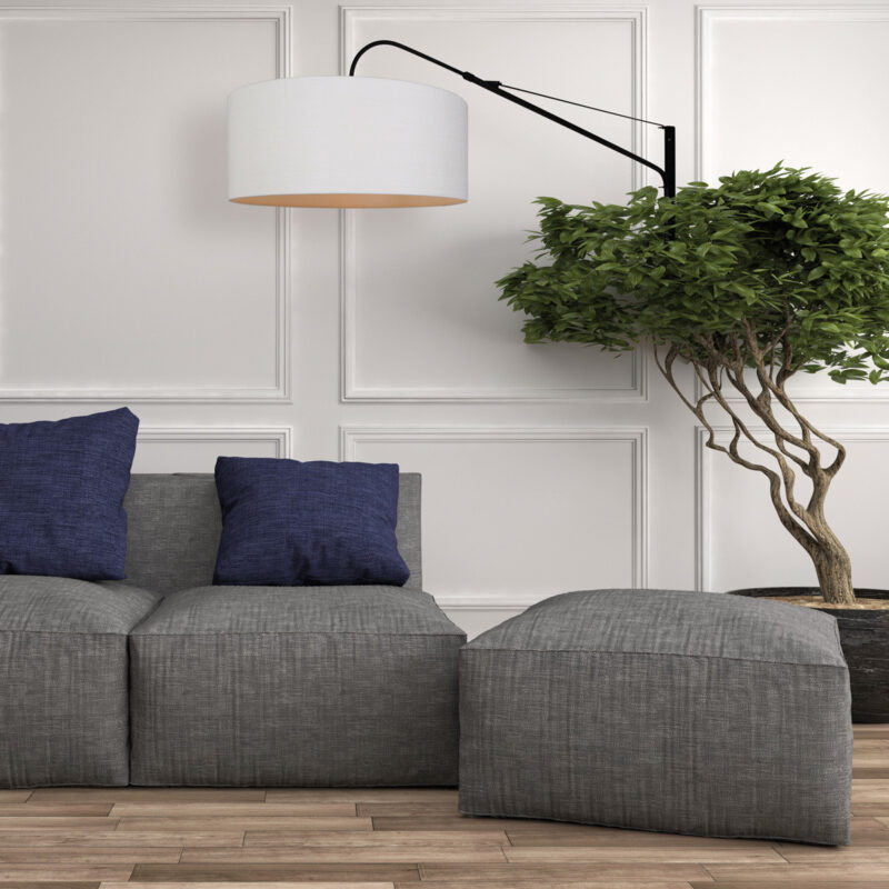 Zwarte wandlamp Elegant Classy 9323ZW met wit grof linnen kap - Afbeelding 3