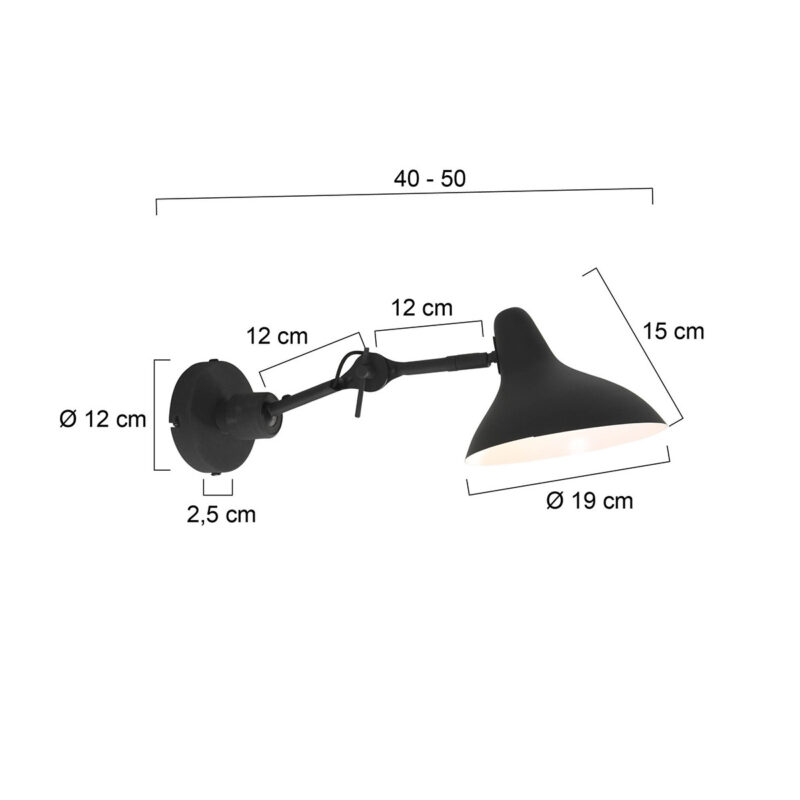 Zwarte wandlamp Kasket 2693ZW met grote fitting en schakelaar - Afbeelding 6