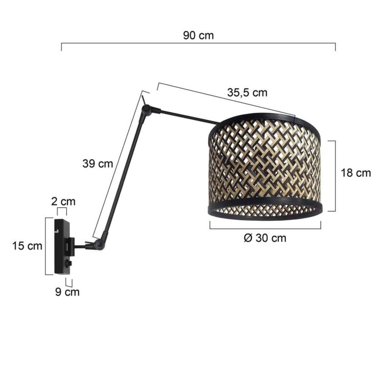 Zwarte wandlamp Prestige Chic 3794ZW met naturel met zwart bamboe kap - Afbeelding 6