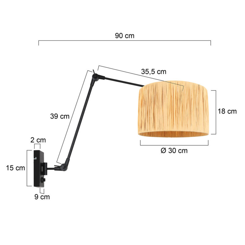 Zwarte wandlamp Prestige Chic 3795ZW met naturel gras kap - Afbeelding 6