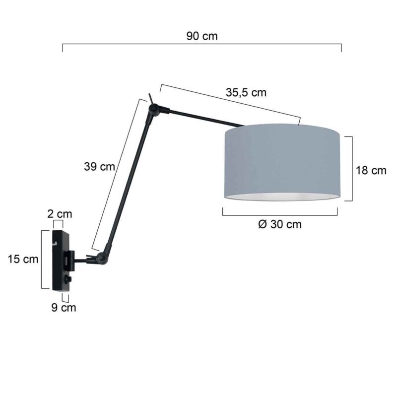 Zwarte wandlamp Prestige Chic 3956ZW met blauw linnen kap - Afbeelding 6