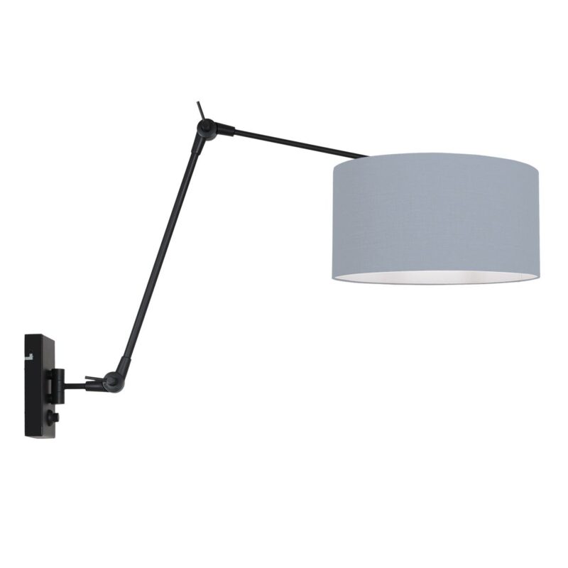 Zwarte wandlamp Prestige Chic 3956ZW met blauw linnen kap