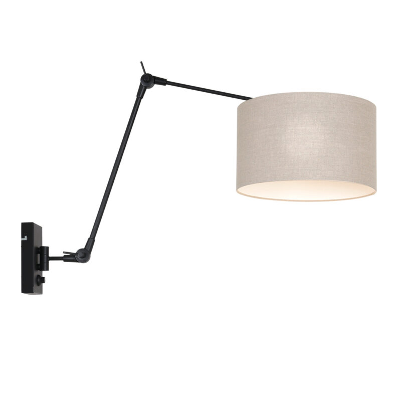 Zwarte wandlamp Prestige Chic 8119ZW met grijs grof linnen kap - Afbeelding 2