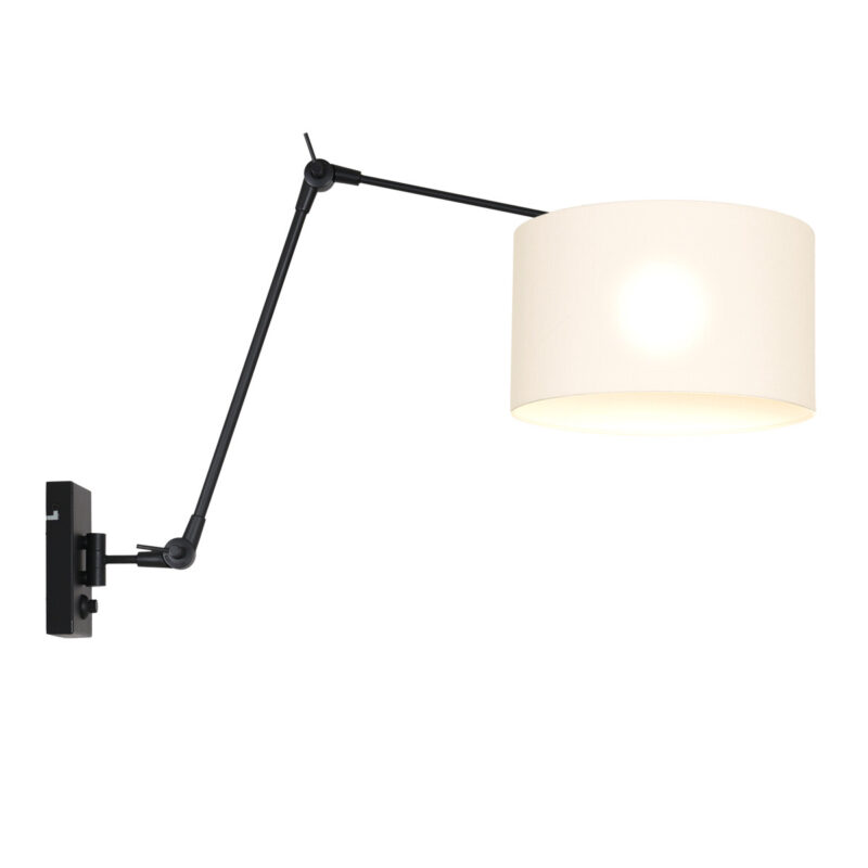 Zwarte wandlamp Prestige Chic 8120ZW met wit grof linnen kap - Afbeelding 2
