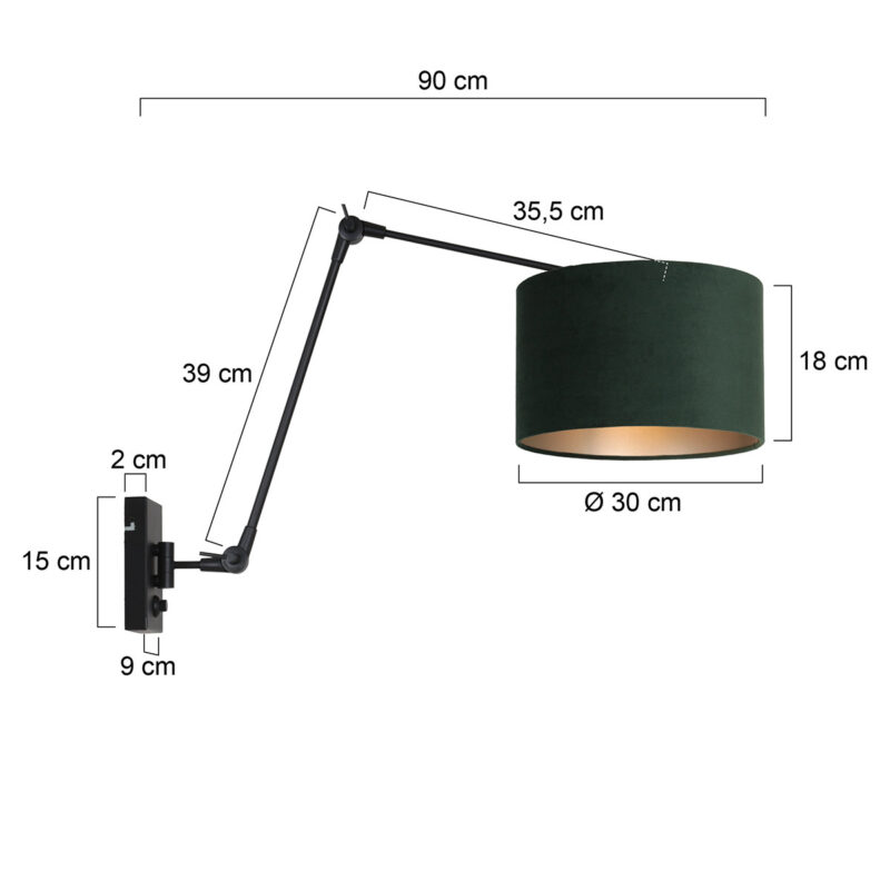 Zwarte wandlamp Prestige Chic 8121ZW met groen velours kap - Afbeelding 6