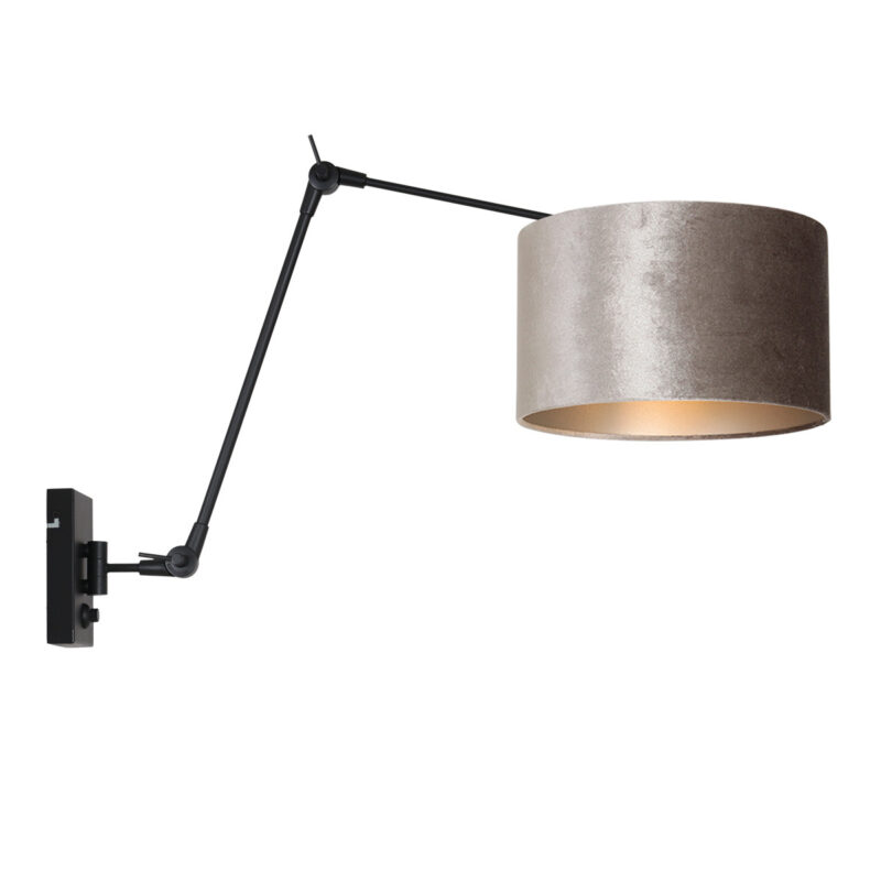 Zwarte wandlamp Prestige Chic 8122ZW met grijs velours kap - Afbeelding 2