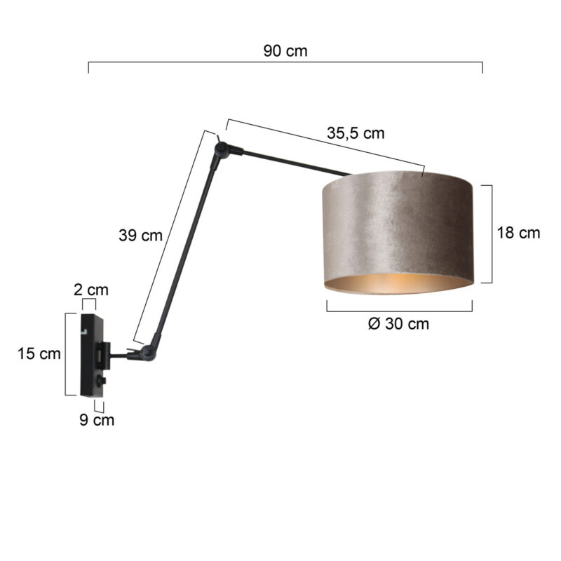 Zwarte wandlamp Prestige Chic 8122ZW met grijs velours kap - Afbeelding 6