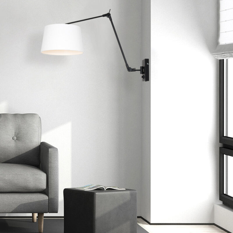 Zwarte wandlamp Prestige Chic 8187ZW met wit grof linnen kap - Afbeelding 3